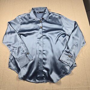 Zara Women Satin Blouse Shirt Blue Gold Button Size Medium NWOT 2138/748/431